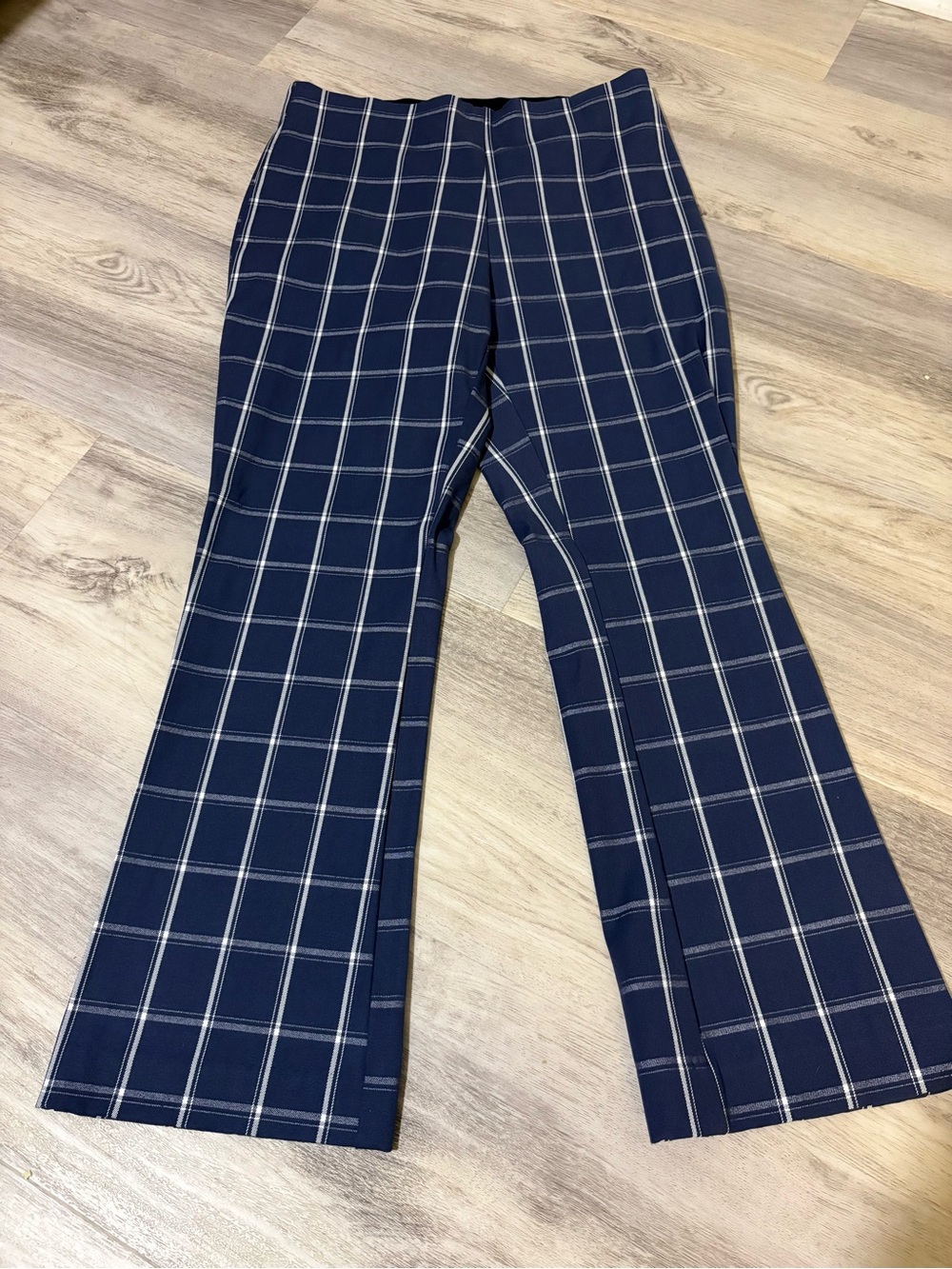 A New Day Navy Blue Windowpane Stretch Kick Flare Dress Pants NWOT 4